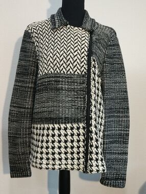 Chaps Black and White Mixed Knit Zip Cardigan
